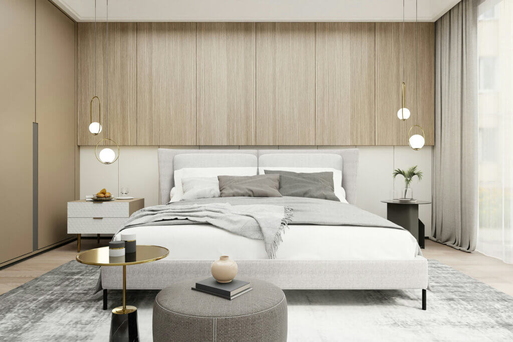 Luxurious bedroom with white platform bed and brass pendant lights