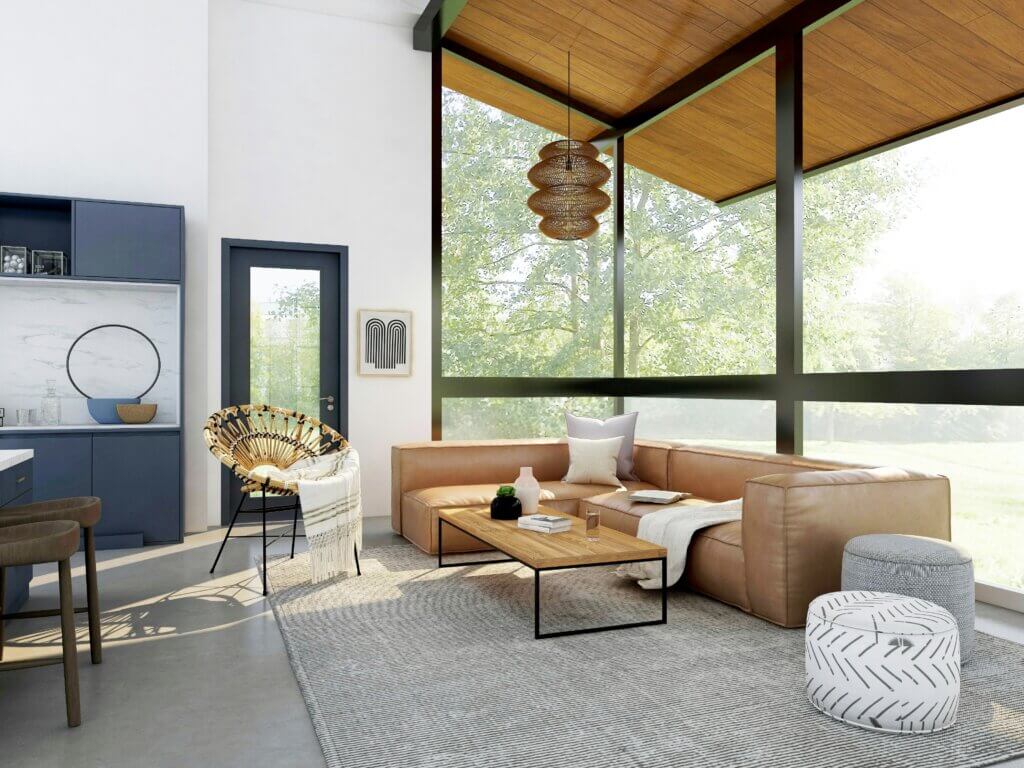 Modern living room with floor-to-ceiling windows, featuring a leather sectional sofa from wholesale direct furniture and a wooden coffee table