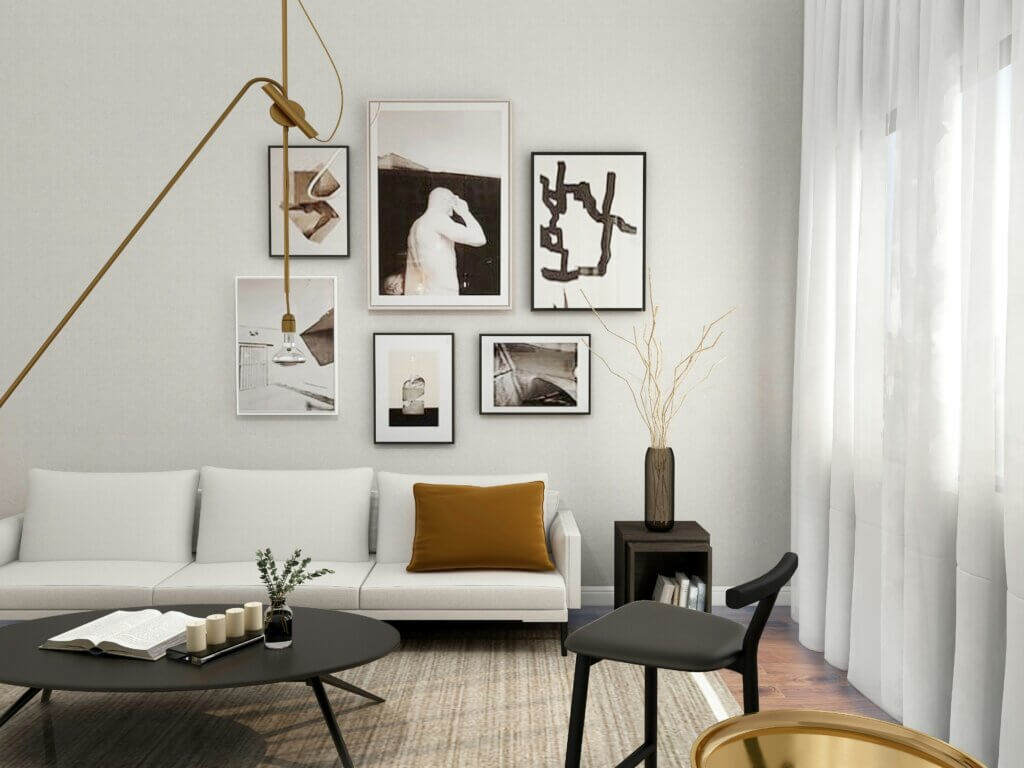 Minimalist living room with a white sofa, modern decor, and wall art, featuring B2B furniture solutions.