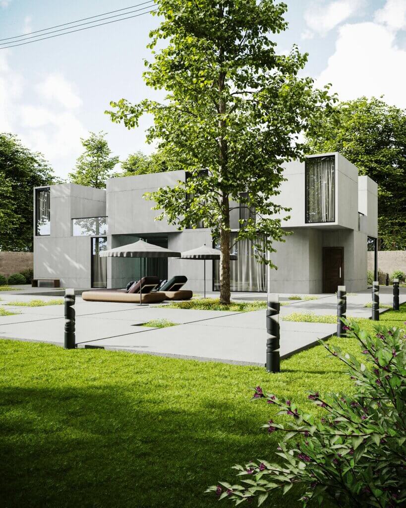 Modern minimalist house with large windows, green lawn, and outdoor seating under a shaded umbrella.