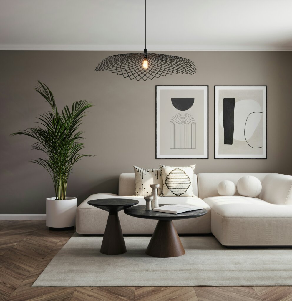 Modern living room with a beige sectional from sofa outlet, paired with stylish decor and artwork.