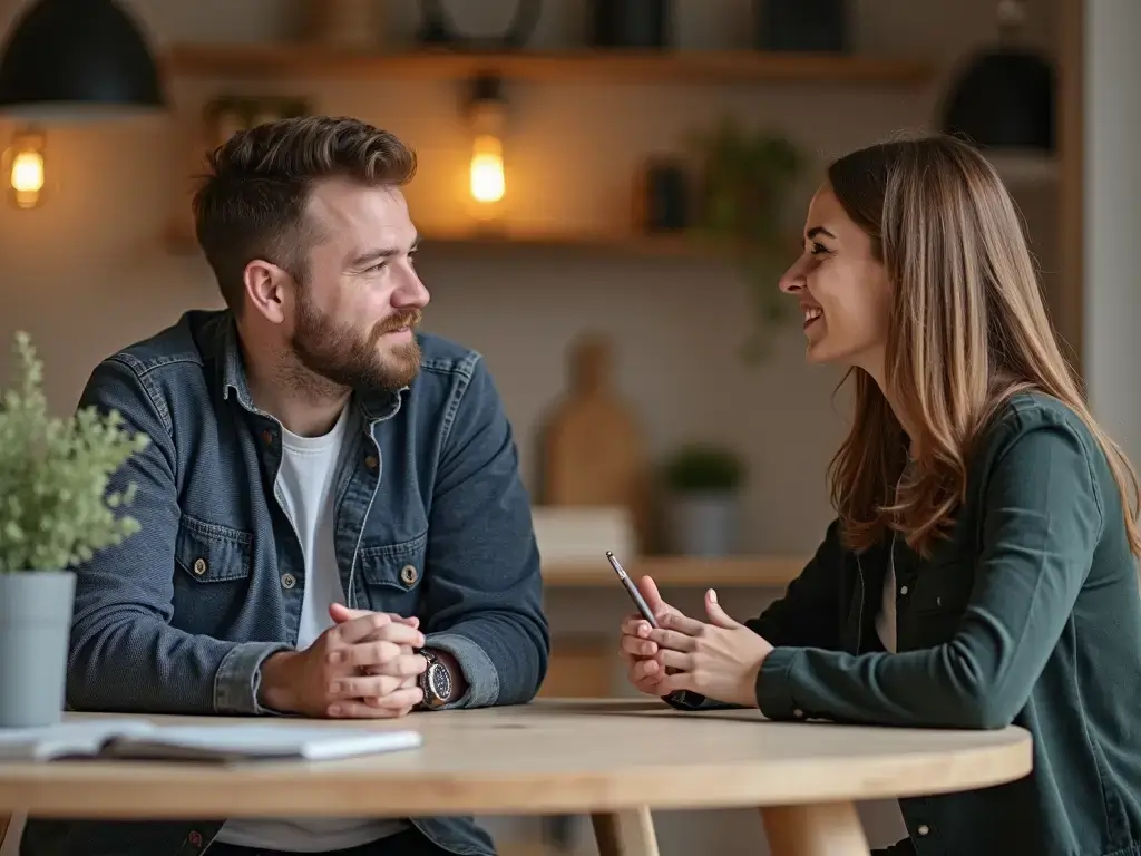 A furniture designer is talking to customers
