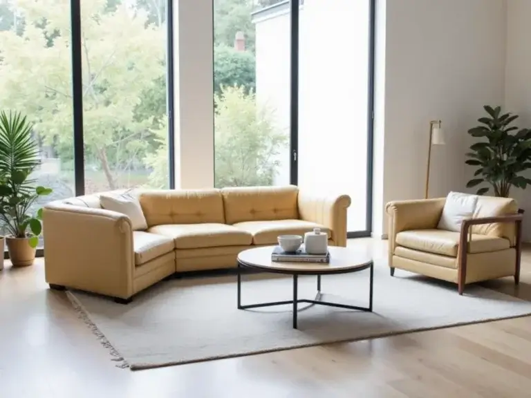 A modern living room with large floor-to-ceiling windows, featuring a yellow leather sectional sofa, a matching armchair, a round coffee table, and indoor plants on wooden flooring