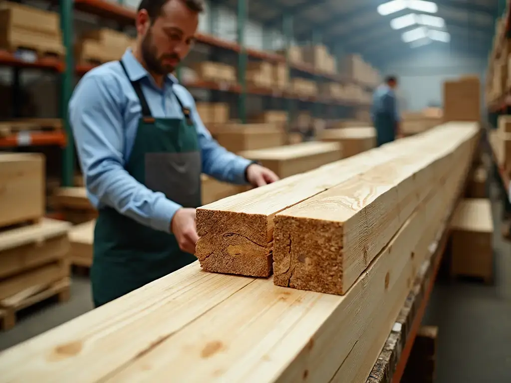 Company personnel select environmentally friendly wood at the factory, with pinesprucebamboo