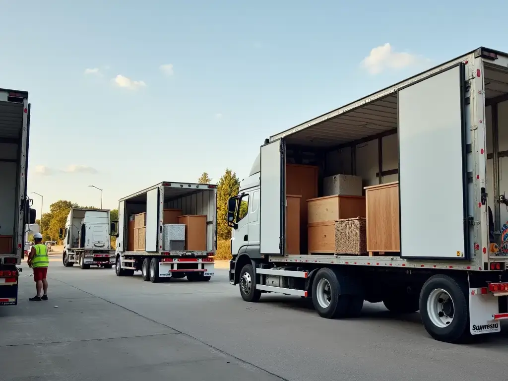 Trucks loaded with furniture being unloaded