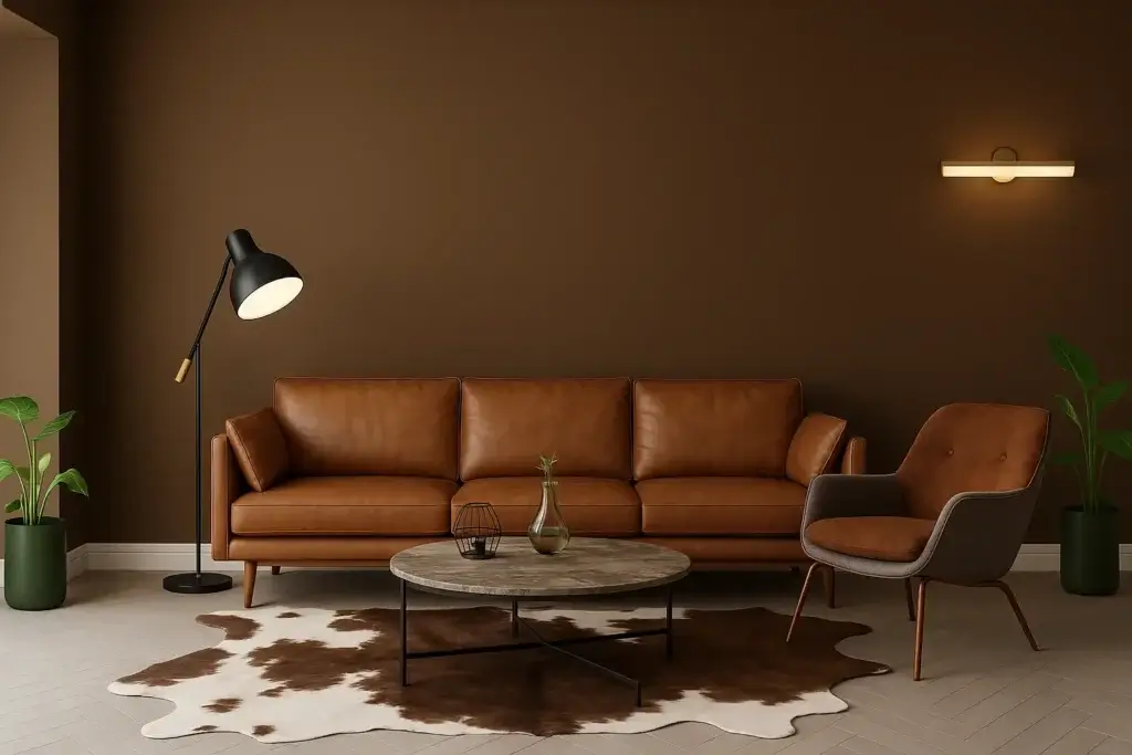 Earthy Tones for a Dark brown Leather Sofa